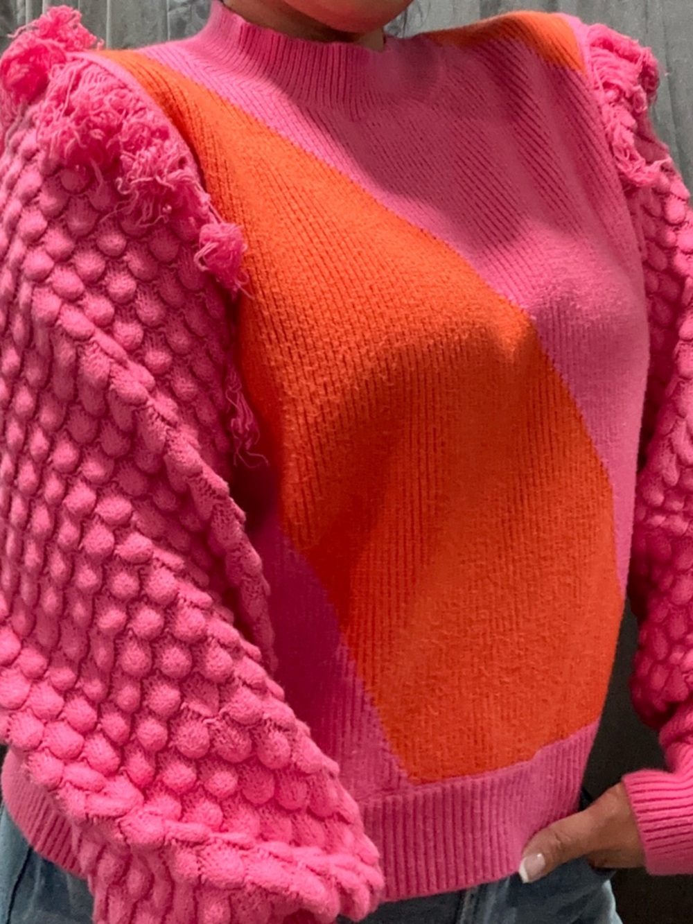 THML Pink & Orange Textured Balloon-Sleeve Sweater